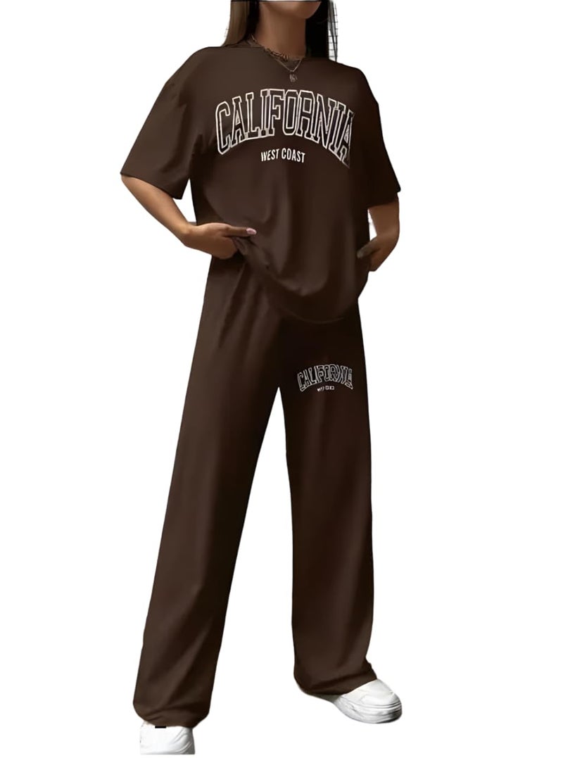 My Swag Women Co-Ords Set Half Sleeve Loose Fit T-Shirt & Trouser Summer Cord Set 2 Piece Brown Streetwear Outfit for Women & Girls - Image 1
