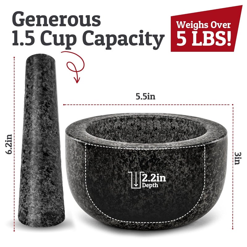 Priority Chef Heavy Duty Mortar and Pestle Set, 1.5 Cup, 100% Granite, Non Slip Base, Make Fresh Guacamole, Salsa, Pesto, Stone Grinder Bowl, Herb Crusher, Spice Grinder, 5.5 Inch - Black - Image 3