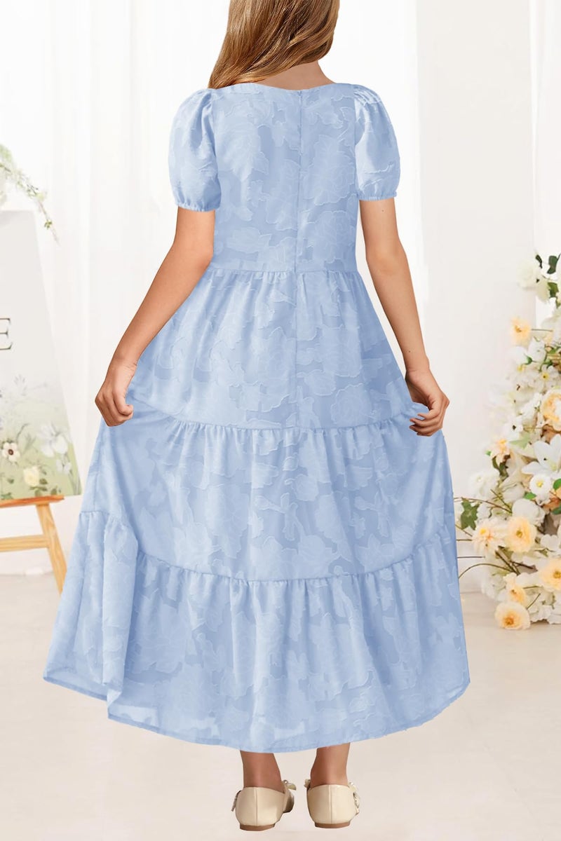 MITILLY Summer Elegant Girls Maxi Dress Puff Short Sleeve A-Line Ruffle Tiered Flowy Long Formal Dress for Kids with Pockets 12 Years Light Blue - Image 3
