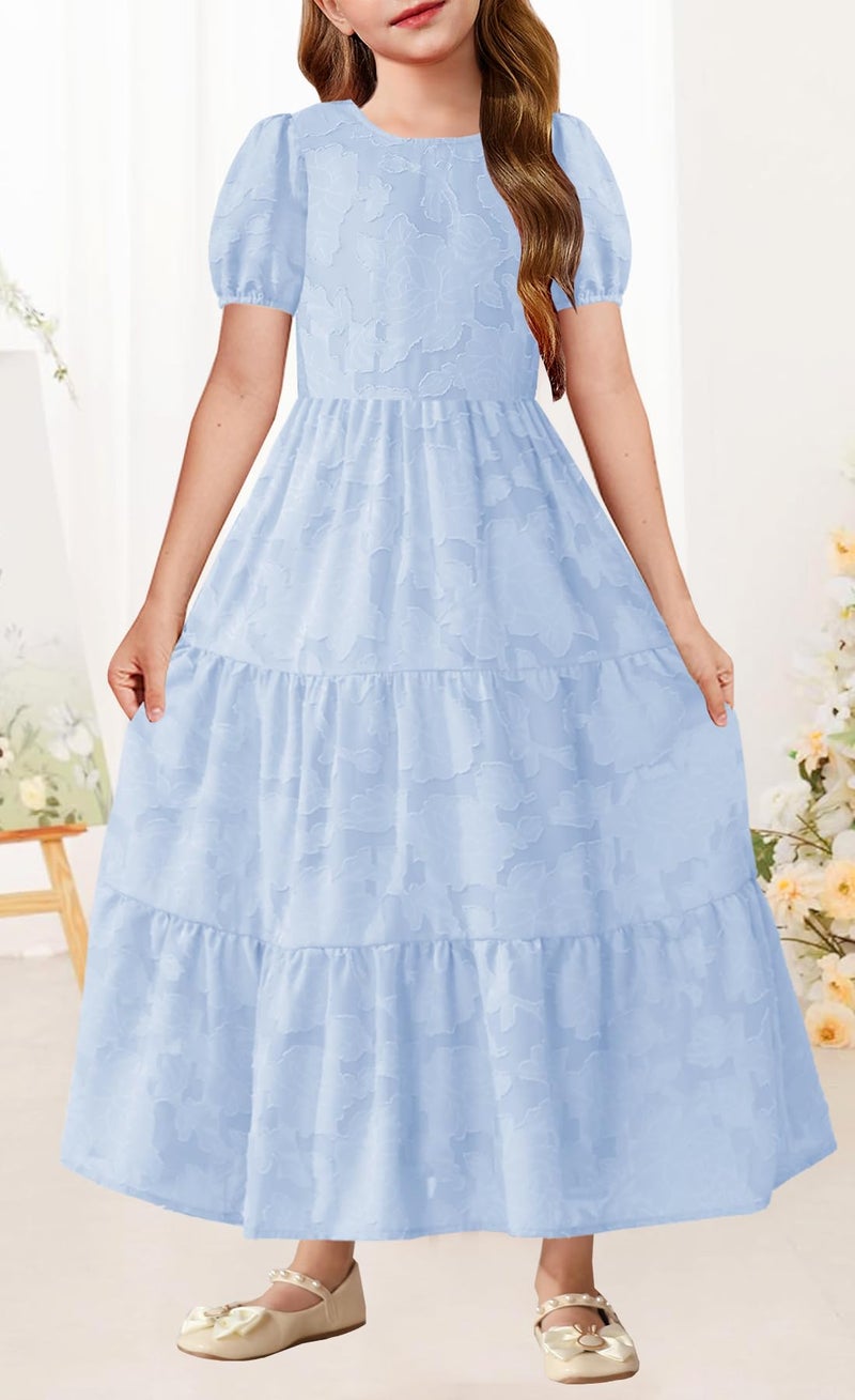 MITILLY Summer Elegant Girls Maxi Dress Puff Short Sleeve A-Line Ruffle Tiered Flowy Long Formal Dress for Kids with Pockets 12 Years Light Blue - Image 2