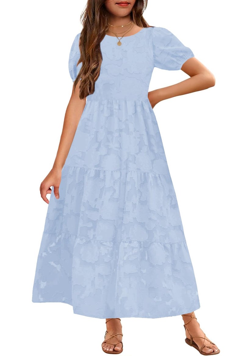 MITILLY Summer Elegant Girls Maxi Dress Puff Short Sleeve A-Line Ruffle Tiered Flowy Long Formal Dress for Kids with Pockets 12 Years Light Blue - Image 1