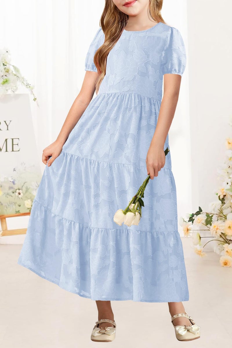 MITILLY Summer Elegant Girls Maxi Dress Puff Short Sleeve A-Line Ruffle Tiered Flowy Long Formal Dress for Kids with Pockets 12 Years Light Blue - Image 4