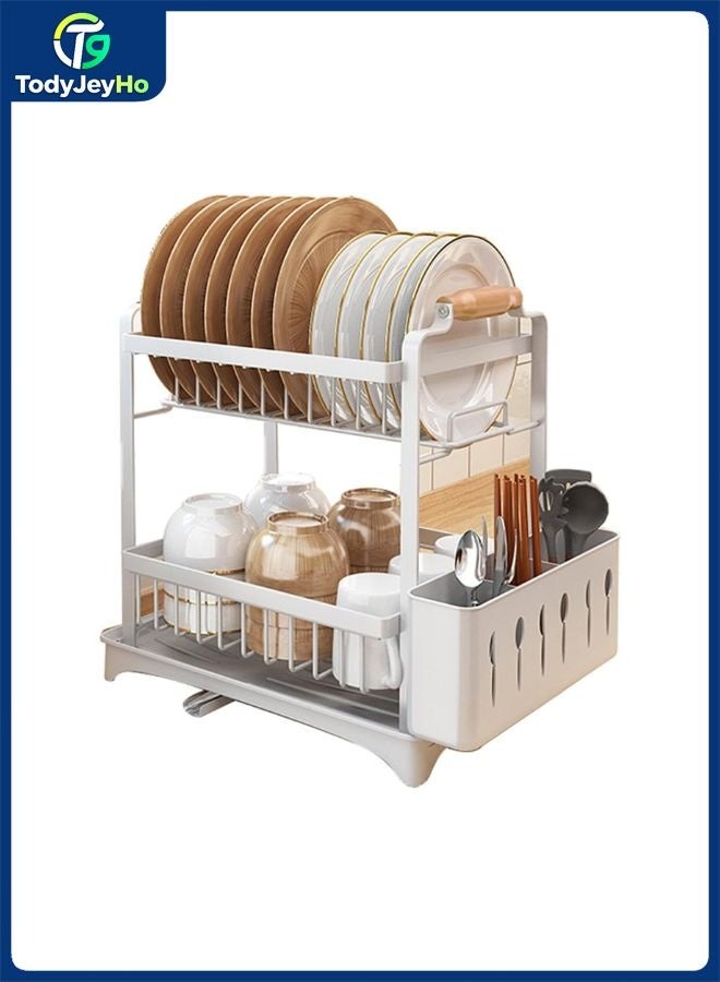TodyJeyHo 2 Tier Dish Racks for Kitchen Counter, Dish Drainer with Cutlery Holder, Dish Drainer for Kitchen Sink, Large Drying Rack for Dishes (White) - Image 1
