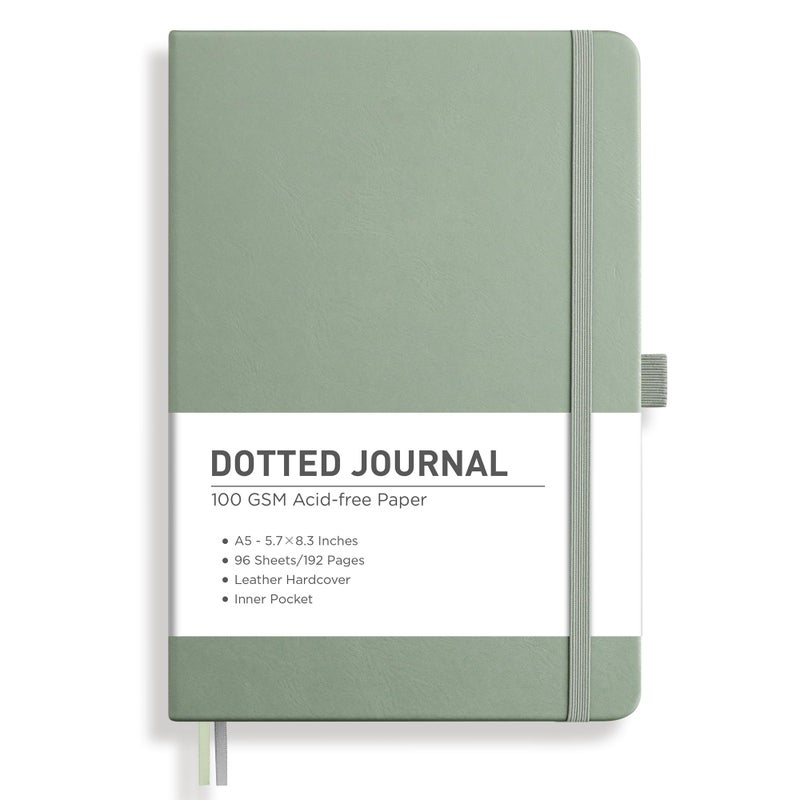 RETTACY Dotted Journal Notebook, 192 Pages, A5 Medium Size (5.7'' x 8.3''), Leather Hardcover, 100 GSM Thick Paper, for Bullet Journaling, Planning, Tracking (Sage Green) - Image 1