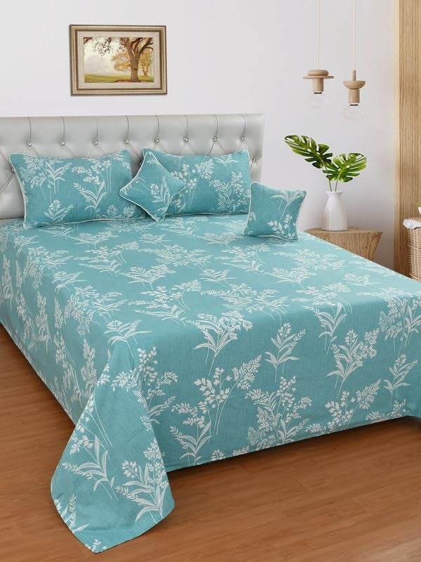 MORADO Glace Cotton 210 TC 5 Pcs Pom Pom Lace Bedding Set Double Bed Bedsheet with 2 Pillow Covers and 2 Pom Pom Lace Filled Cushions with Cushion Cover 90x100 Inches Green - Image 1