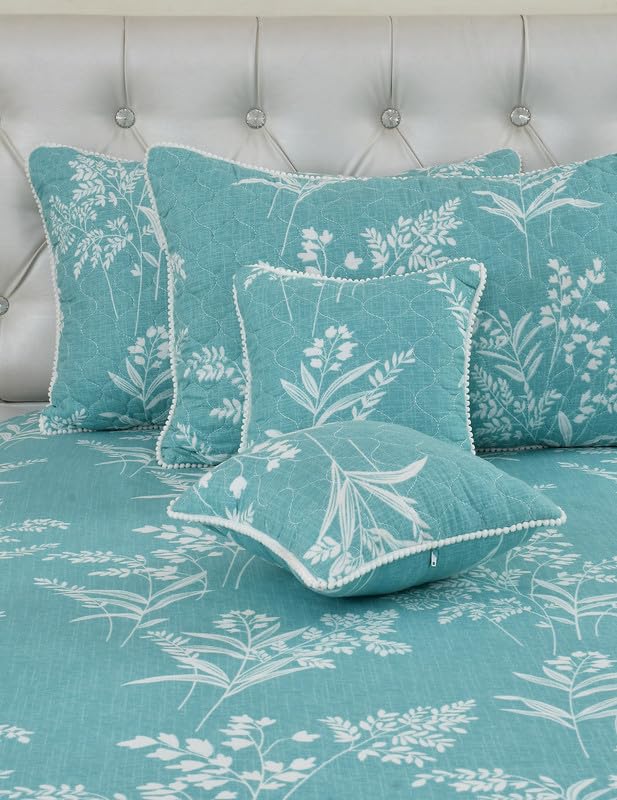 MORADO Glace Cotton 210 TC 5 Pcs Pom Pom Lace Bedding Set Double Bed Bedsheet with 2 Pillow Covers and 2 Pom Pom Lace Filled Cushions with Cushion Cover 90x100 Inches Green - Image 3