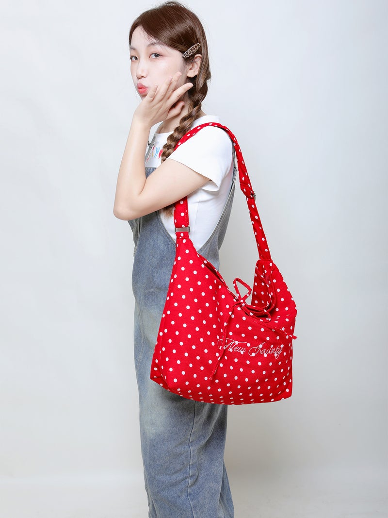 Leopard Print Canvas Bag Large Capacity Crossbody Bag Korean Niche Bow Bag Red Polka Dot Shoulder Tote Bag - Image 2