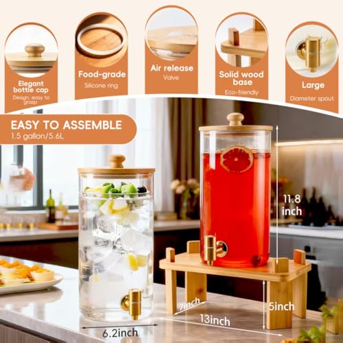 NBNSTHV 1.5 Gallon 2 Pack Glass Drink dispenser for parties,Beverage Dispenser With Wood Stand,Water Dispensers with spigot,lemonade dispenser,juice containers & water pitcher with lid - Image 4