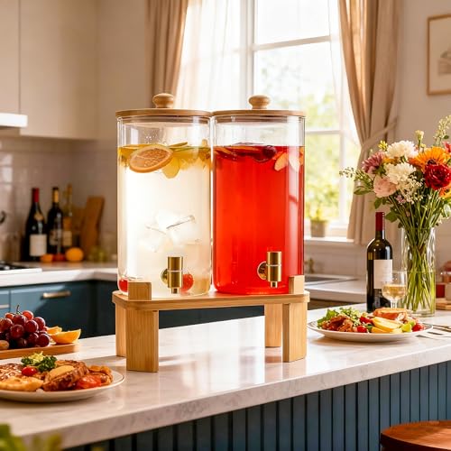 NBNSTHV 1.5 Gallon 2 Pack Glass Drink dispenser for parties,Beverage Dispenser With Wood Stand,Water Dispensers with spigot,lemonade dispenser,juice containers & water pitcher with lid - Image 2