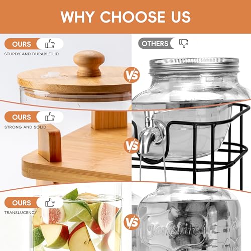 NBNSTHV 1.5 Gallon 2 Pack Glass Drink dispenser for parties,Beverage Dispenser With Wood Stand,Water Dispensers with spigot,lemonade dispenser,juice containers & water pitcher with lid - Image 5