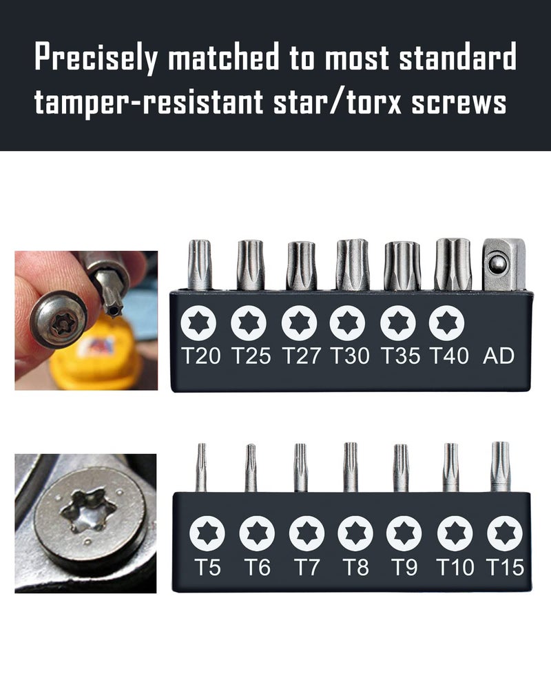 ROTATION 14-Piece Tamper Resistant Star Bits, Chrome Vanadium Steel, T5 - T40 Impact Grade Security Torx Bit Set, 1/4-inch Hex Shank - Image 3