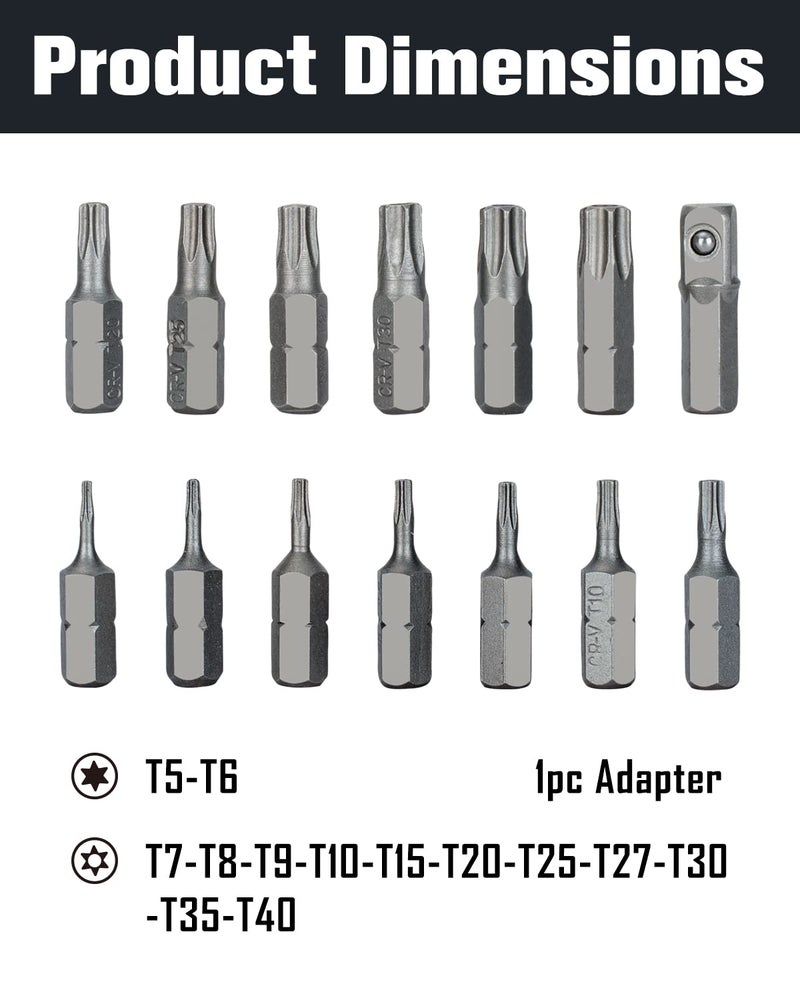 ROTATION 14-Piece Tamper Resistant Star Bits, Chrome Vanadium Steel, T5 - T40 Impact Grade Security Torx Bit Set, 1/4-inch Hex Shank - Image 2