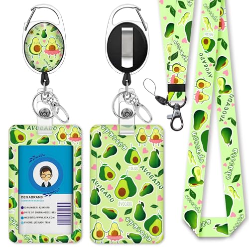 GIANCOMICS Cute Avocado Badge Reels Retractable with Carabiner Reel Clip, ID Badge Holder Case with Detachable Lanyard Keychain, Nurse Doctor Office School Teacher Name Credit Card Pocket - Image 1