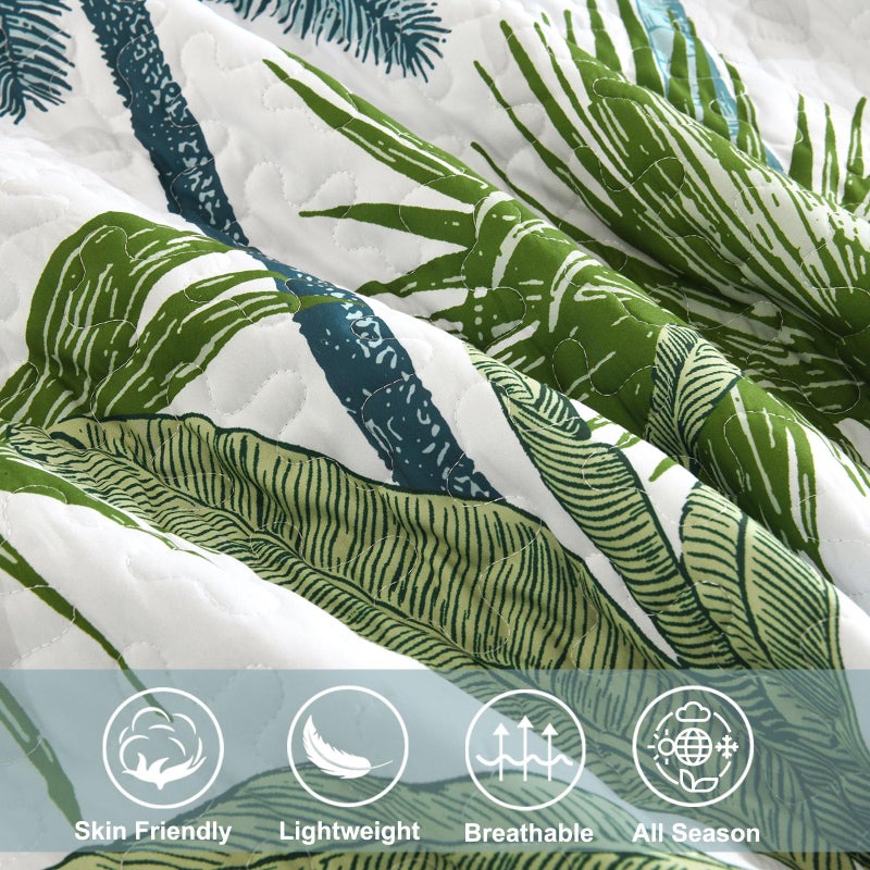 Luxudecor Tropical Plants Quilt Set King Size 3 Pieces Green and Blue Palm Botanical Bedspread Rainforest Style Bedding Set Soft Lightweight Bed Cover All Season 104"x90" - Image 5