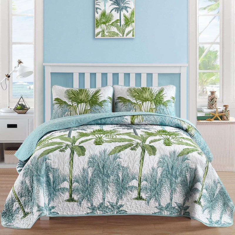 Luxudecor Tropical Plants Quilt Set King Size 3 Pieces Green and Blue Palm Botanical Bedspread Rainforest Style Bedding Set Soft Lightweight Bed Cover All Season 104"x90" - Image 1
