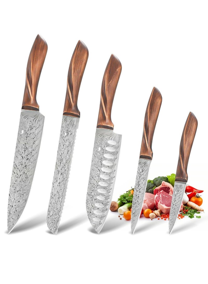 أس أس جي بي طقم سكاكين فاخر مكون من 5 قطع، حاد للغاية، مصمم هندسيًا في ألمانيا، يشمل ساطورًا، وسكين خبز، وسكين سانتوكو، وسكين متعدد الاستخدامات، وسكين تقشير، متين وقوي. - Image 2