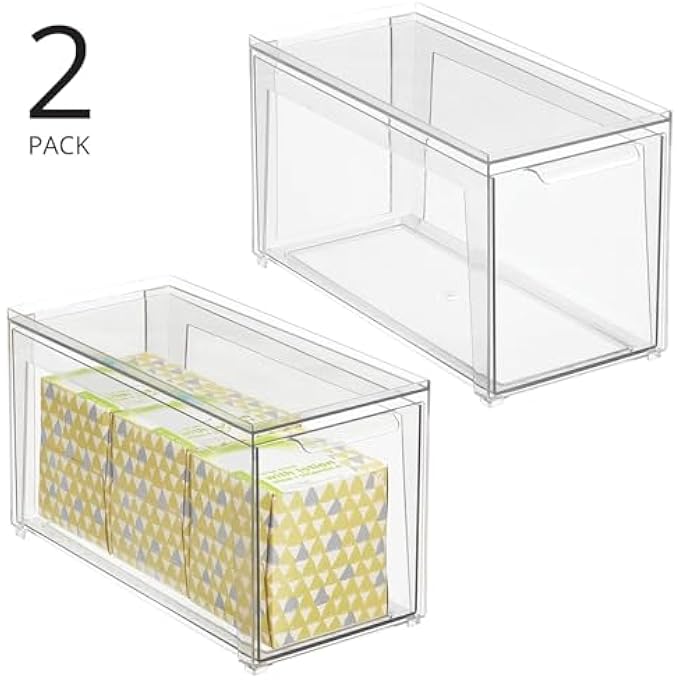 mDesign Plastic Stackable Bathroom Storage With Pull Out Bin Organizer Drawer For Cabinet Vanity Shelf Cupboard Cabinet Or Closet Organization  Lumiere Collection  2 Pack  Clear - Image 5