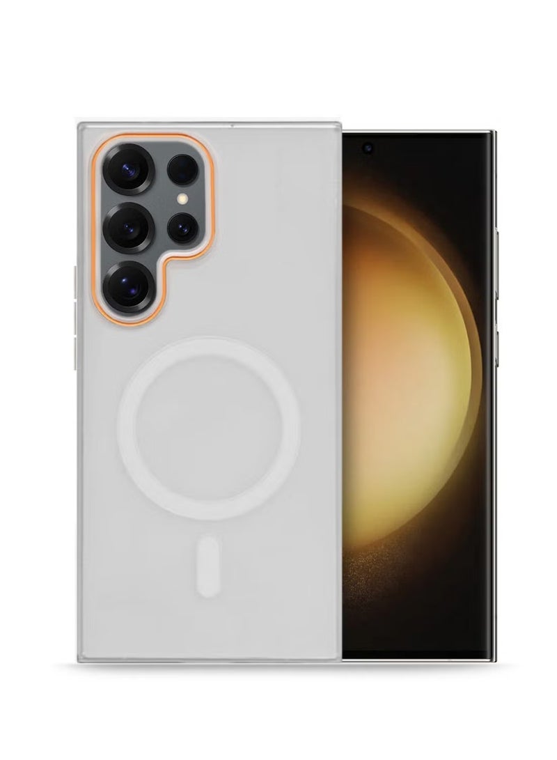 سامسونج جالاكسي S23 الترا 5 جي 2023 سلسلة سيندي هايبرد شفاف Magsafe مع شحن مغناطيسي شفاه كاميرا مرفوعة غطاء جراب أنيق المظهر - أبيض