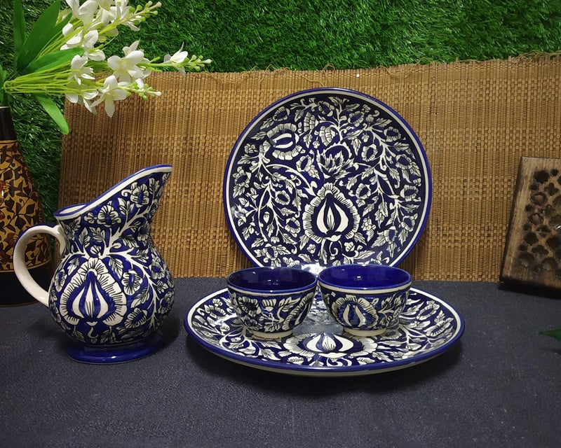 Caffeine Ceramic Handmade Blue Mughal Combo Dinner Set (5 pcs.) - Image 1