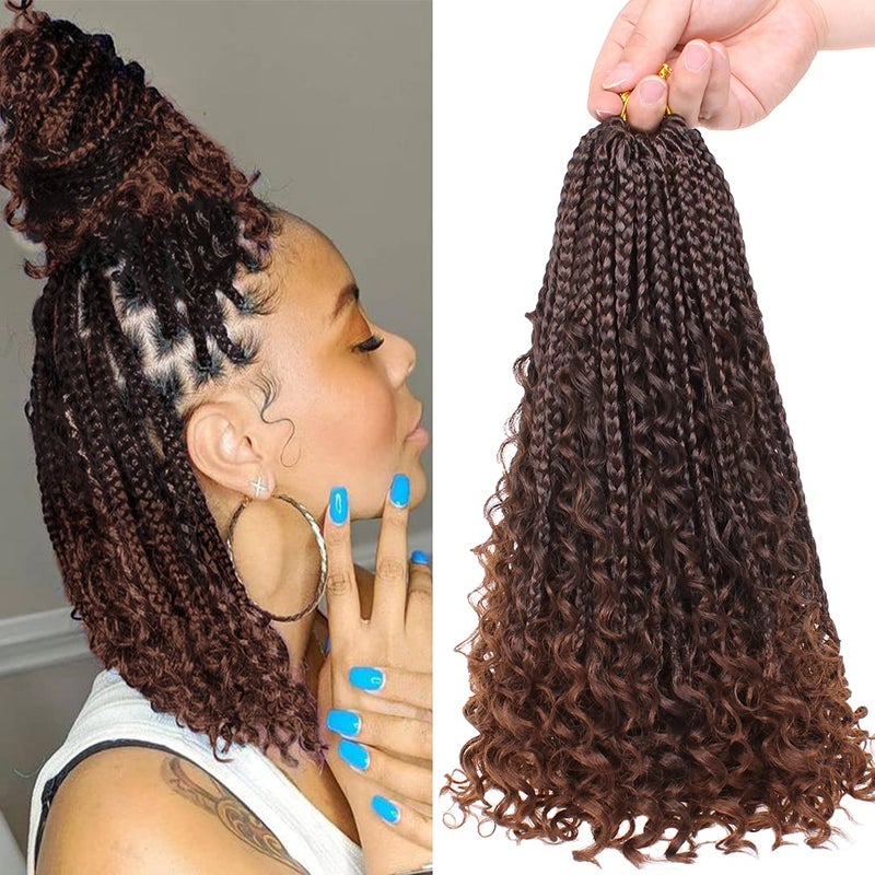 Beverlee 14 Inch Boho Box Braids 8 Packs Goddess Box Braids Crochet hair Braiding Hair Bohemian Hair Hippie with Curly Ends Messy Prelooped Synthetic Crochet Braids for Black Women 128 Strands