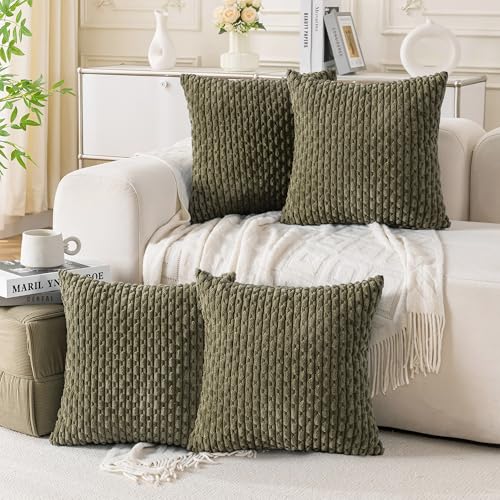 Cozoomy Set of 4 Olive Green Decorative Throw Pillow Covers 18x18 Inch Corduroy Pillow Covers for Bed Couch Sofa Living Room Soft Square Cushion Cases - Image 1