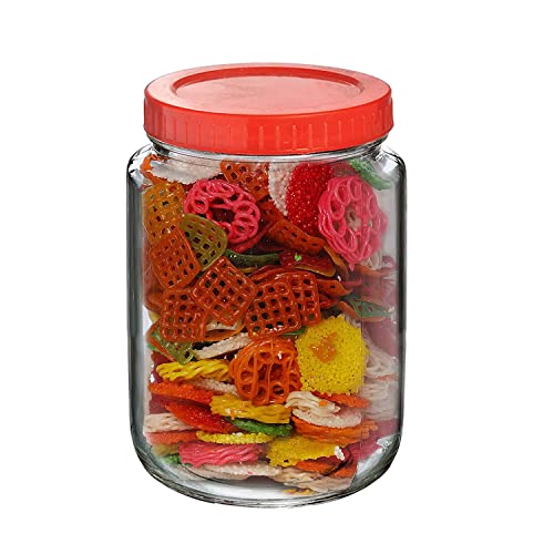 Brezzycloud Piraml Glass Round Shape Transparent Glass Jars & Containers For Pickles, Dry Fruits, Coffee Beans Storage 1Kg Glass Jar With Red Color Plastic Lid (Set Of 2, 1000Ml Round Red Cap) - Image 5