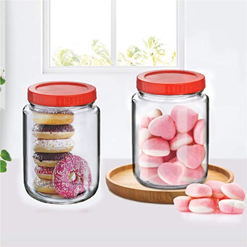 Brezzycloud Piraml Glass Round Shape Transparent Glass Jars & Containers For Pickles, Dry Fruits, Coffee Beans Storage 1Kg Glass Jar With Red Color Plastic Lid (Set Of 2, 1000Ml Round Red Cap) - Image 1