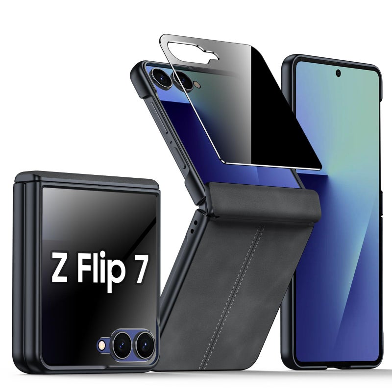 BSNRM for Samsung Galaxy Z Flip 7 Case with Hinge Protection & Built-in Privacy Screen, Ultra Thin Stylish Leather Matte PC Durable Shockproof Cover Phone Case for Galaxy Z Flip 7-Black - Image 1