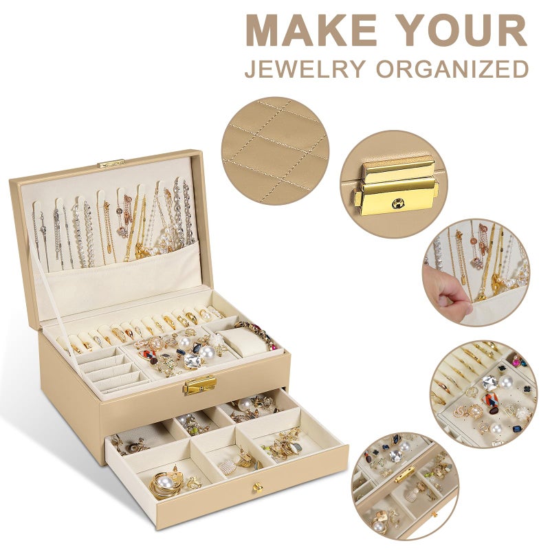 GUOER Jewelry Box for Women Girl Wife - Large PU Leather Jewelry Organizer Storage Case with Two Layers Display for Earrings Bracelets Rings Watches (Champagne) - Image 2