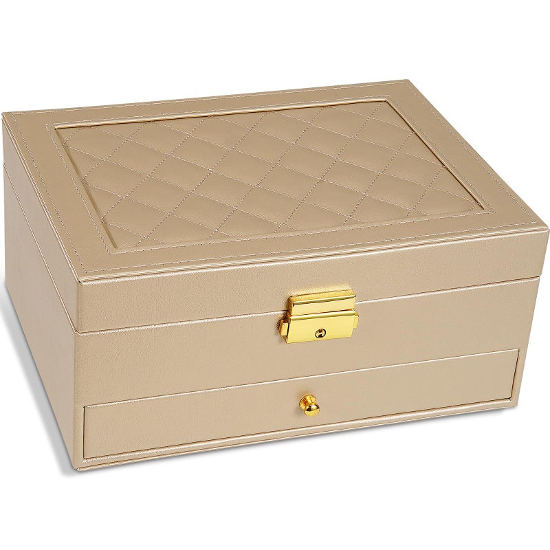 GUOER Jewelry Box for Women Girl Wife - Large PU Leather Jewelry Organizer Storage Case with Two Layers Display for Earrings Bracelets Rings Watches (Champagne) - Image 1