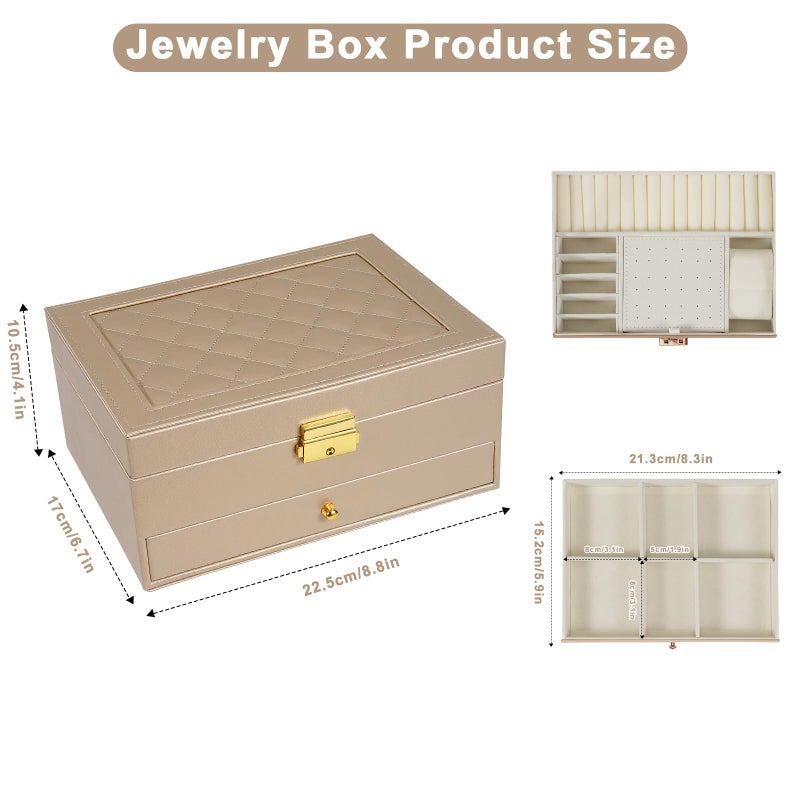GUOER Jewelry Box for Women Girl Wife - Large PU Leather Jewelry Organizer Storage Case with Two Layers Display for Earrings Bracelets Rings Watches (Champagne) - Image 3