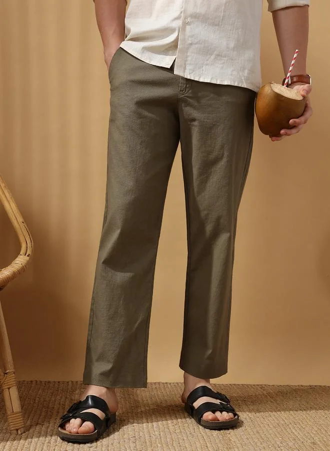Dennis Lingo olive green Men's Olive 100% Cotton Solid Pattern Full Length Chinos Relaxed Trouser for Men | Best Price UAE