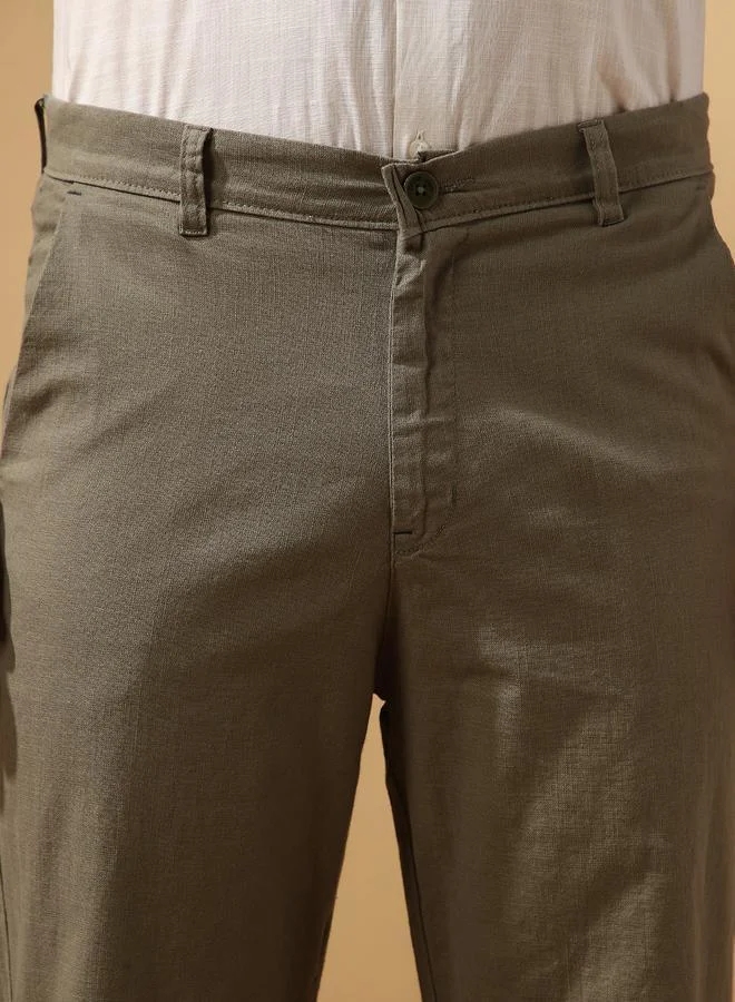 Dennis Lingo olive green Men's Olive 100% Cotton Solid Pattern Full Length Chinos Relaxed Trouser for Men | Best Price UAE