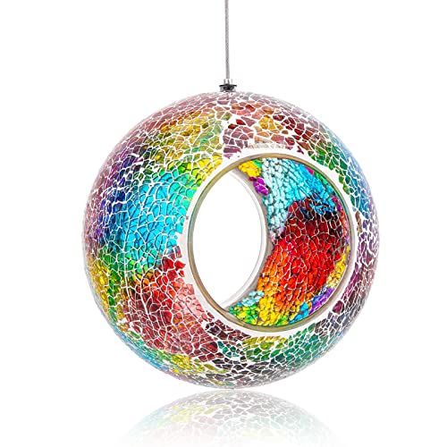 VCUTEKA Bird Feeder Mosaic Fly Through Bird Feeders for Outside Hanging with Round Shape Glass Container to Attract More Wild Birds for Garden Yard Backyard Deck and Porch Decor Purple 7Inch - Image 1