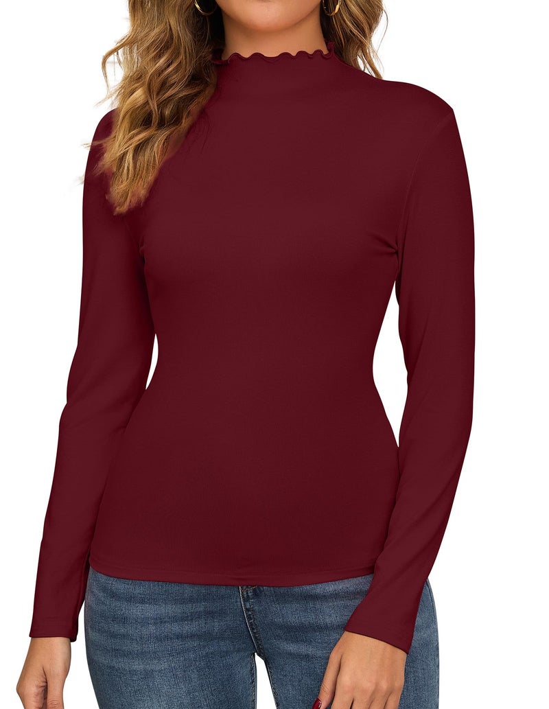 ACIEMR Women's Lettuce Trim Long Sleeve Shirts Mock Neck Tops Slim Fit Casual Tee Perfect for Street, Travel, and Office Wine Red Medium - Image 1