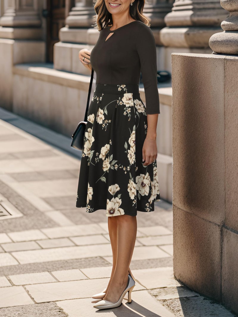 YATHON Women's Elegant Khaki Flower Black Casual Party Cocktail Swing Dress Retro Cute Flare V-Notch Three Quarter Sleeve Swing A Line Church Dresses (XL, YT018-Black Khaki 02-3/4) - Image 4
