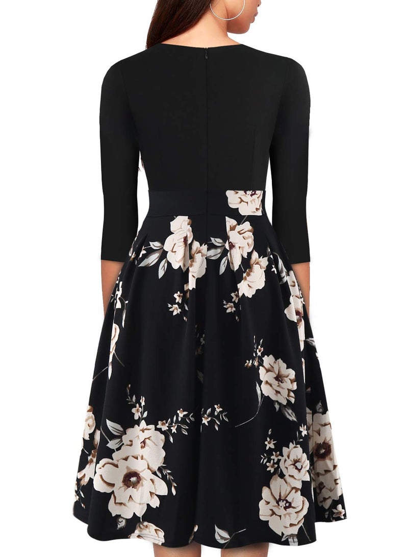 YATHON Women's Elegant Khaki Flower Black Casual Party Cocktail Swing Dress Retro Cute Flare V-Notch Three Quarter Sleeve Swing A Line Church Dresses (XL, YT018-Black Khaki 02-3/4) - Image 2