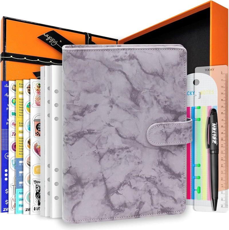 Zelten PU Leather Personal Notebook Planner with 80 Pages Loose-Leaf Papers 6 Holes Ring Binder Pen Holder Magnetic Buckle (Gray Marble, A5 Gift Box) - Image 1