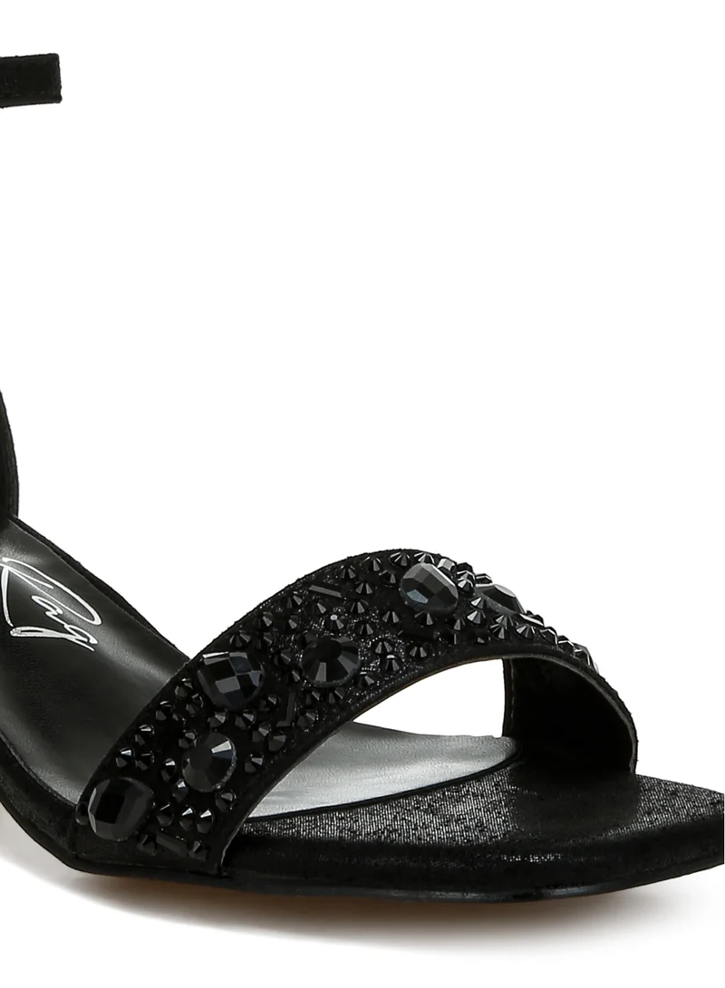 London Rag Rhinestone Embellished Shimmer Sandals in Black