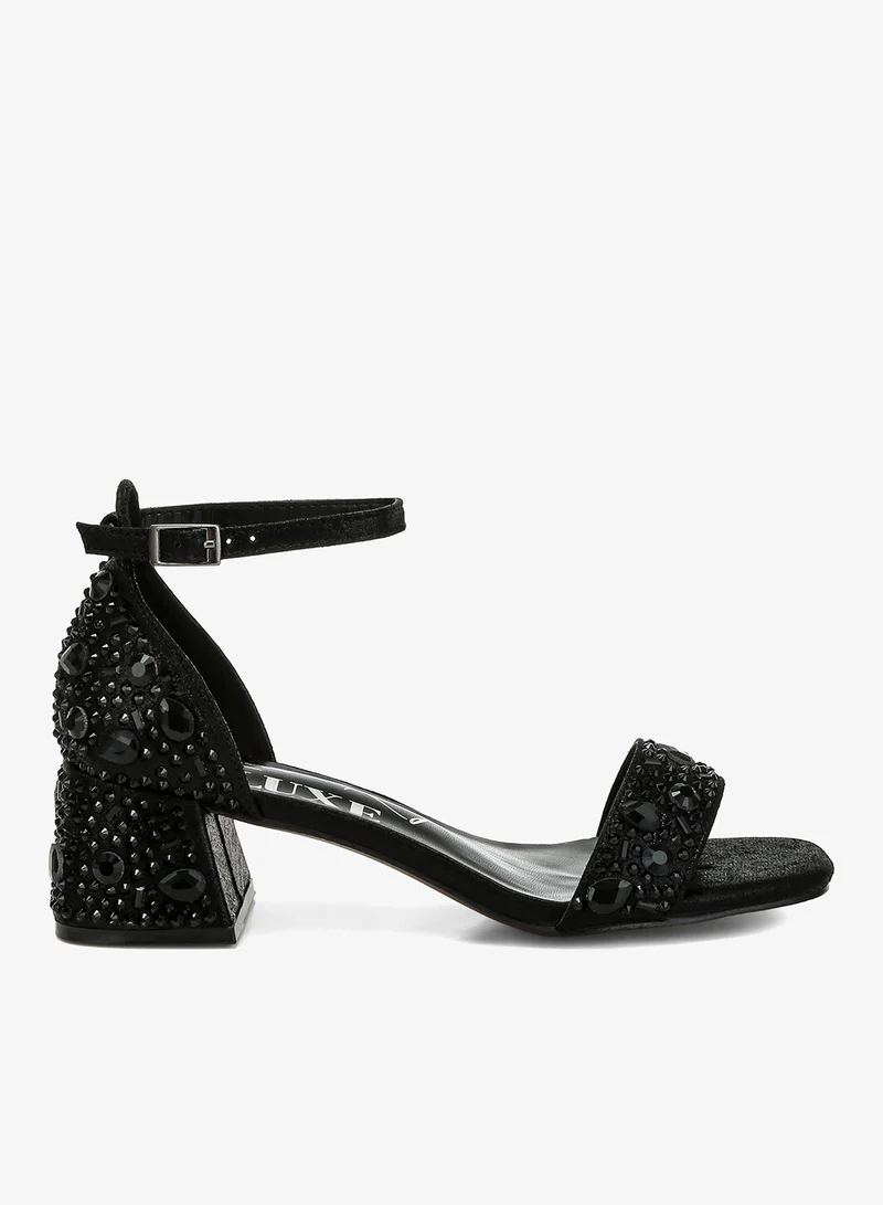 Rhinestone Embellished Shimmer Sandals in Black