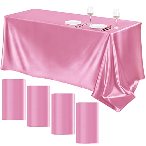 TURSTIN 4 Packs Satin Tablecloth 102 x 58 Inch Overlay Satin Table Cover Rectangle Bright Silk Tablecloth Smooth Fabric Table Decoration for Wedding Banquet Party Events Pink