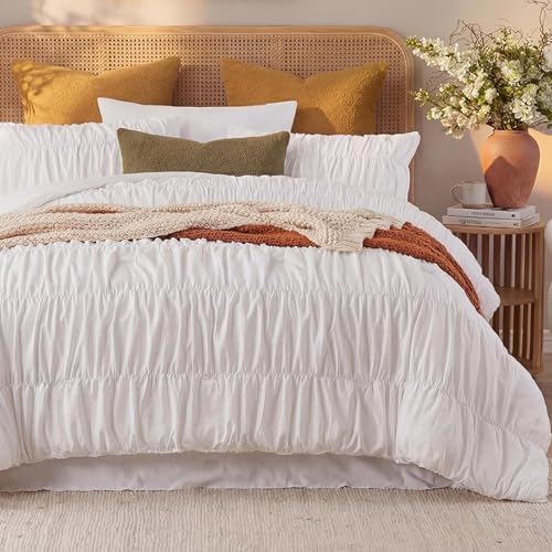 Bedbay 100% Cotton Ruched Comforter Set Queen Size,White Ruffle Comforter Set,Cotton Ruched Bedding Set,Romantic Vintage Ruffle Comforter 3 Pcs, Luxury Textured Pleat Artistic Bedding for All Seasons - Image 4
