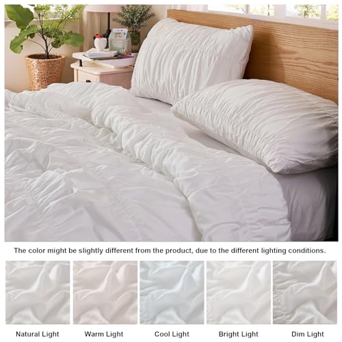 Bedbay 100% Cotton Ruched Comforter Set Queen Size,White Ruffle Comforter Set,Cotton Ruched Bedding Set,Romantic Vintage Ruffle Comforter 3 Pcs, Luxury Textured Pleat Artistic Bedding for All Seasons - Image 5