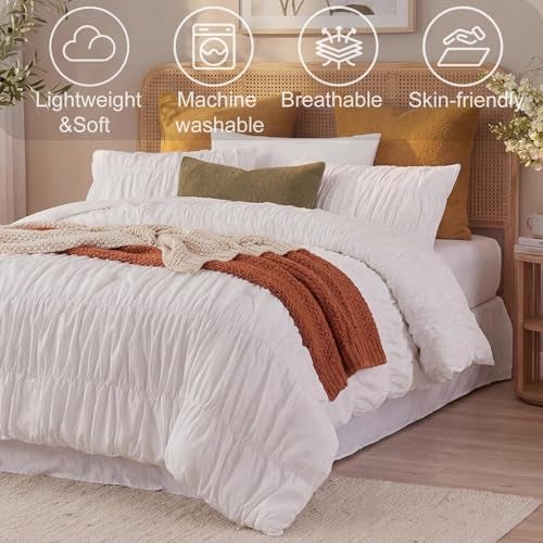 Bedbay 100% Cotton Ruched Comforter Set Queen Size,White Ruffle Comforter Set,Cotton Ruched Bedding Set,Romantic Vintage Ruffle Comforter 3 Pcs, Luxury Textured Pleat Artistic Bedding for All Seasons - Image 2