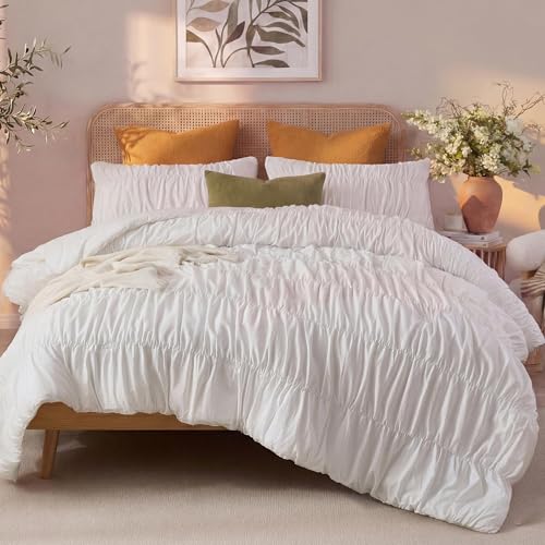 Bedbay 100% Cotton Ruched Comforter Set Queen Size,White Ruffle Comforter Set,Cotton Ruched Bedding Set,Romantic Vintage Ruffle Comforter 3 Pcs, Luxury Textured Pleat Artistic Bedding for All Seasons - Image 1