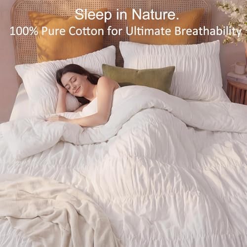 Bedbay 100% Cotton Ruched Comforter Set Queen Size,White Ruffle Comforter Set,Cotton Ruched Bedding Set,Romantic Vintage Ruffle Comforter 3 Pcs, Luxury Textured Pleat Artistic Bedding for All Seasons - Image 3