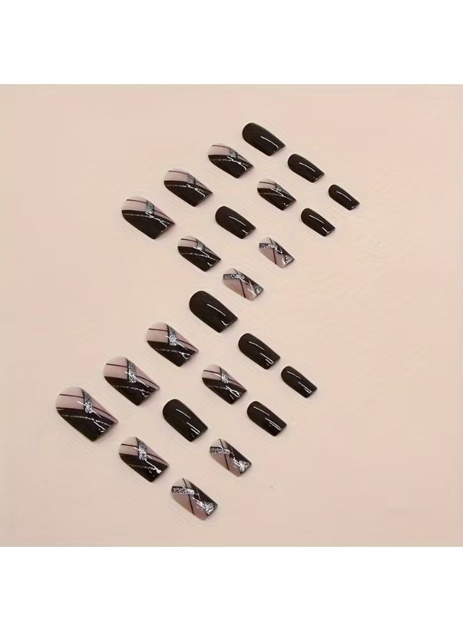 Goolsky Upgrade Your Nail Style: 24 Medium-Length Oval Burgundy Glitter Line Fashionable Sassy Nails with 1 Cuticle Pusher & 1 Jelly Glue - Image 3