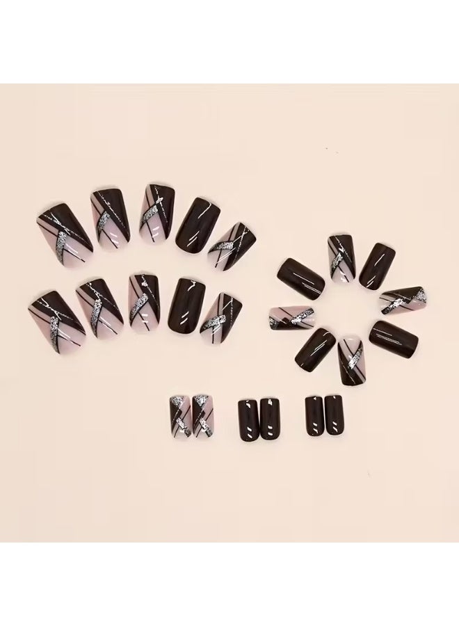 Goolsky Upgrade Your Nail Style: 24 Medium-Length Oval Burgundy Glitter Line Fashionable Sassy Nails with 1 Cuticle Pusher & 1 Jelly Glue - Image 2