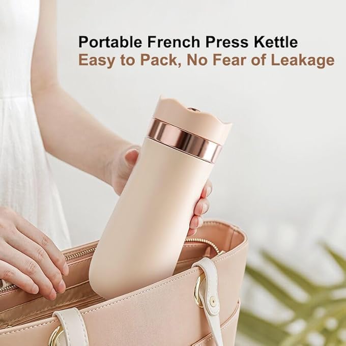 NALACAL Portable French Press Travel Coffee Maker Double Walled Stainless Steel Vacuum Insulated Coffee Maker And Tea Maker 12 Ounce Mini Vacuum Mug Filter Coffee Cup For Travel Lvory - Image 4