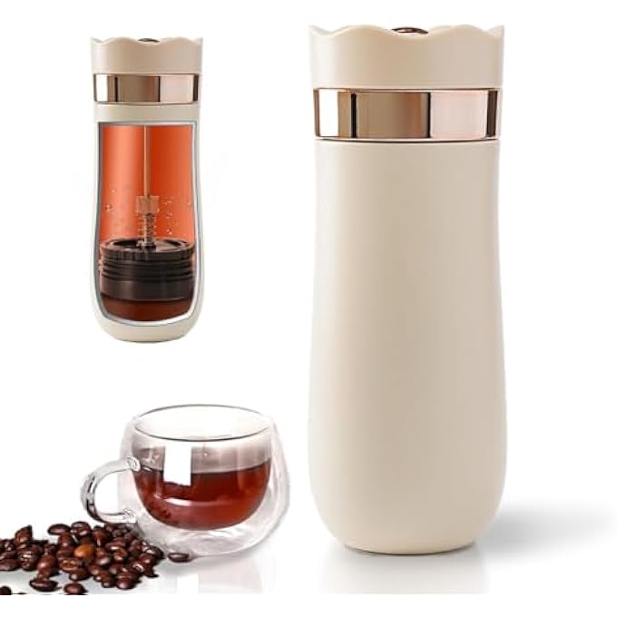 NALACAL Portable French Press Travel Coffee Maker Double Walled Stainless Steel Vacuum Insulated Coffee Maker And Tea Maker 12 Ounce Mini Vacuum Mug Filter Coffee Cup For Travel Lvory - Image 1
